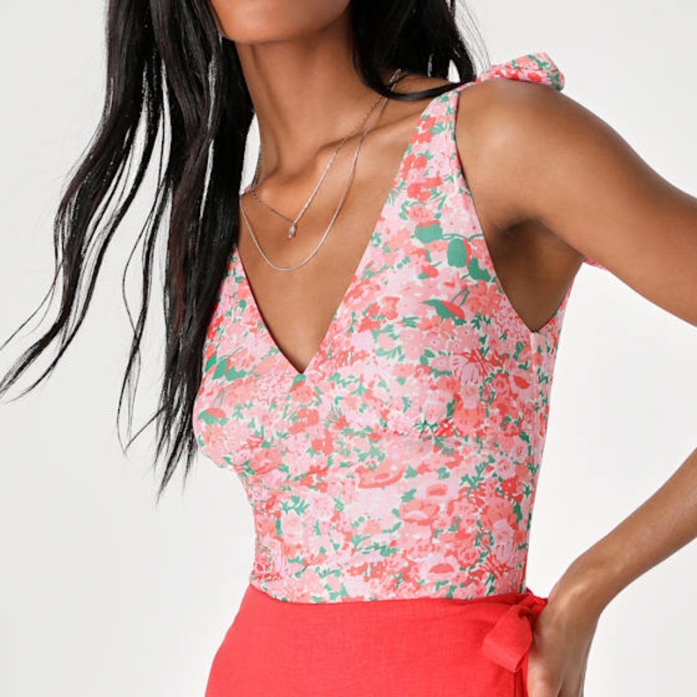 Lulus Perfect Sweetie Pink Floral Mesh Tie-strap Bodysuit - Size M
